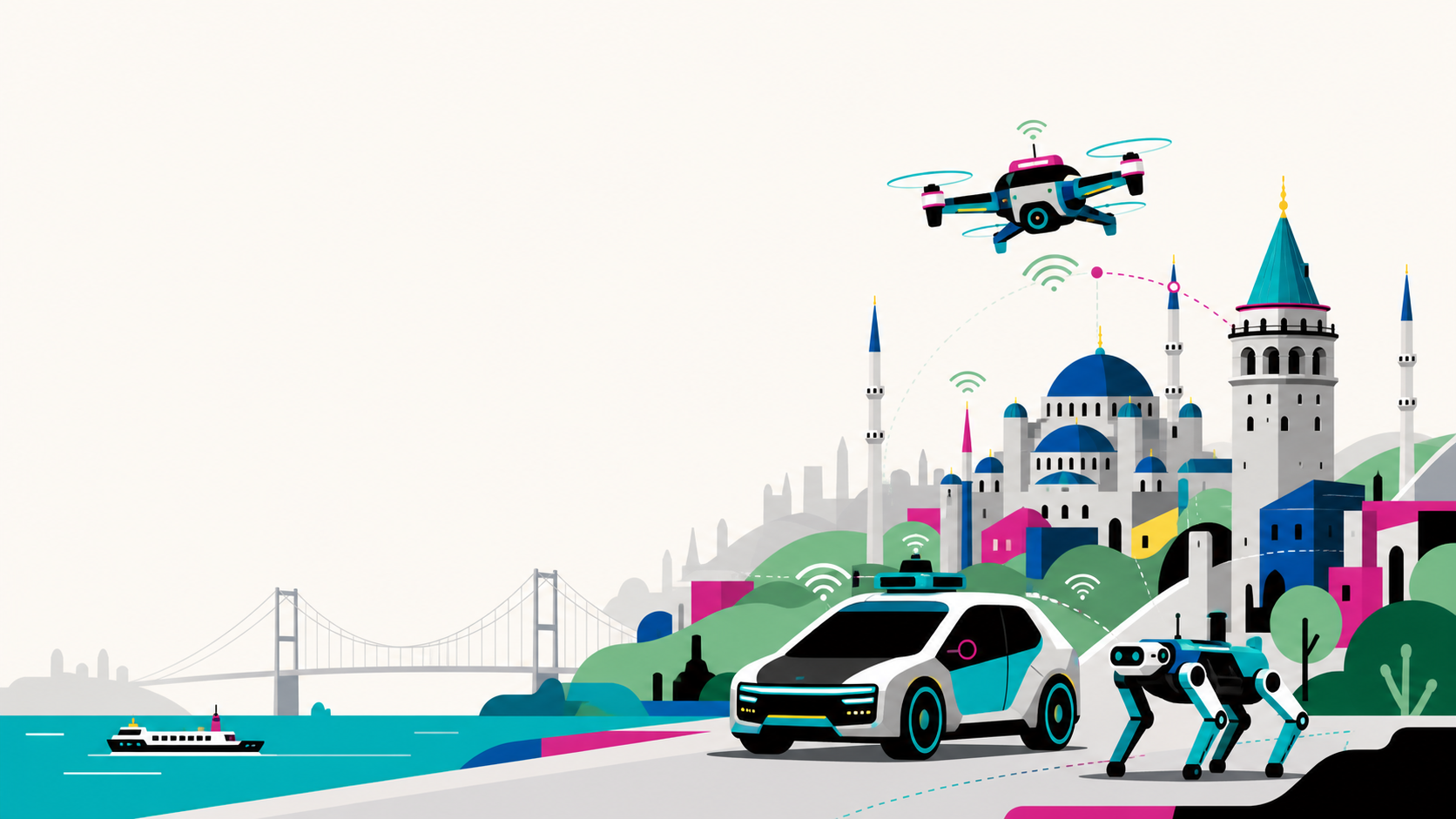 Illustration of connected robots, an autonomous car, and a drone overlooking Istanbul